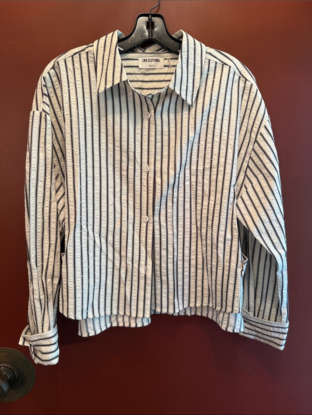 Women’s Striped Button-Up Shirt in White and Black